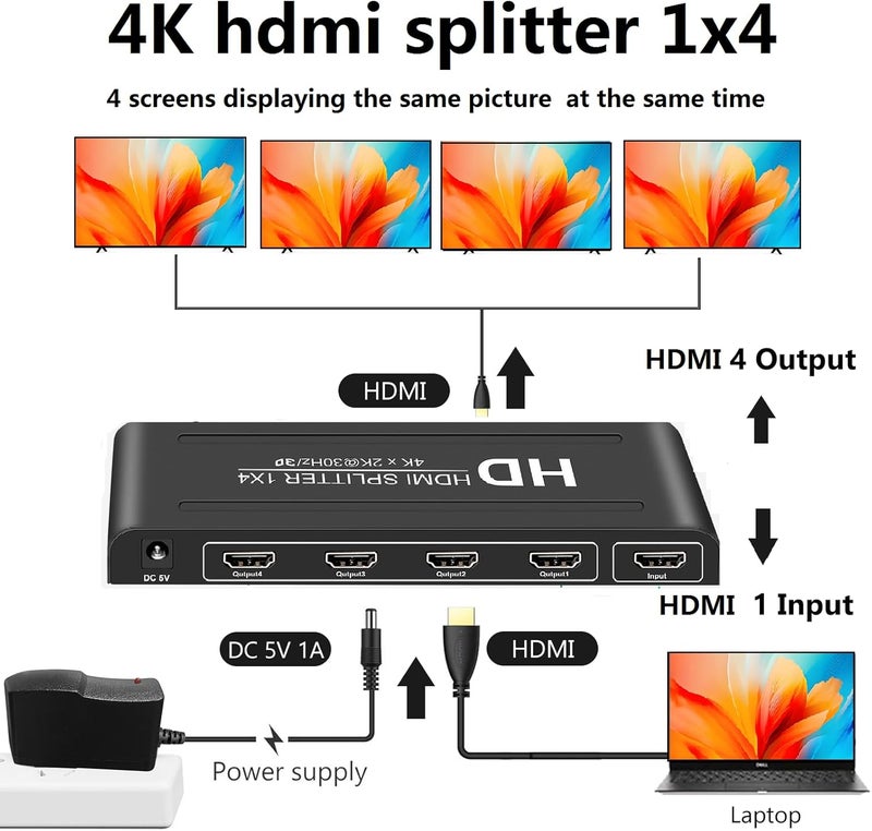 VizeeInnov موزع HDMI 1 في 4 بدقة 4K، 1 مدخل 4 مخارج، موزع HDMI مزود بالطاقة 4 منافذ لشاشات متعددة لمخرجات مرآة/نسخ الشاشة فقط (ليس توسيع) موزع 4 طرق يدعم 4Kx2K @30Hz، 3D للمكتب، PS4، جهاز العرض، HDTV. - Image 3